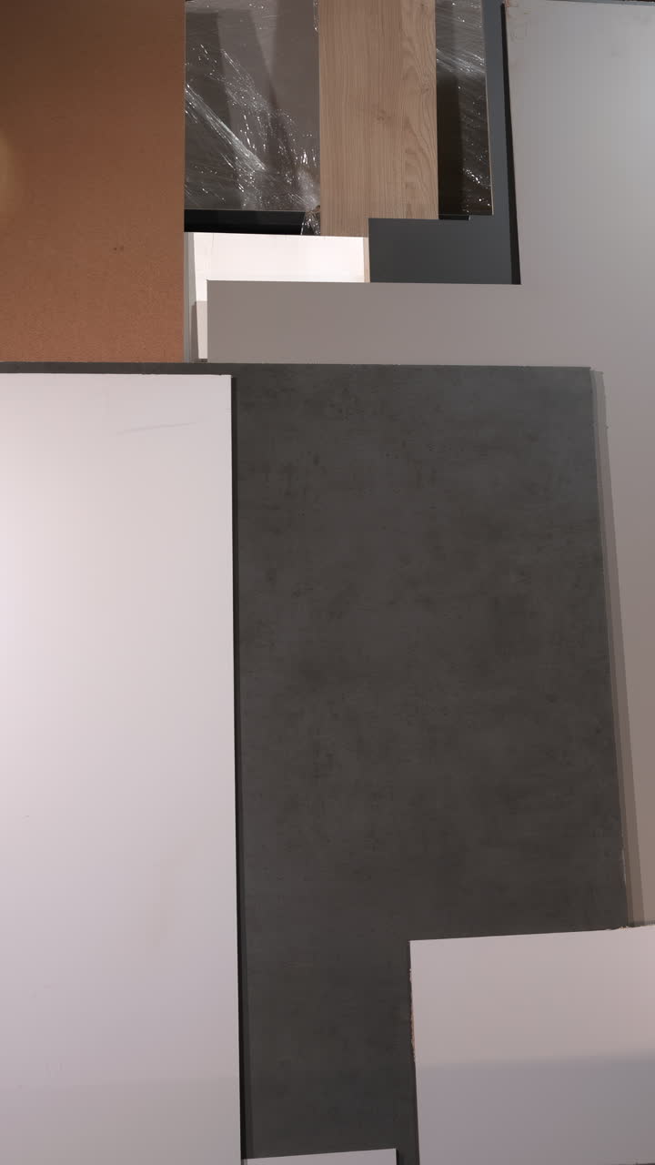 Interno di studio che mostra pannelli a parete con campioni montati di laminato, legno, cemento e tonalità neutre. Media