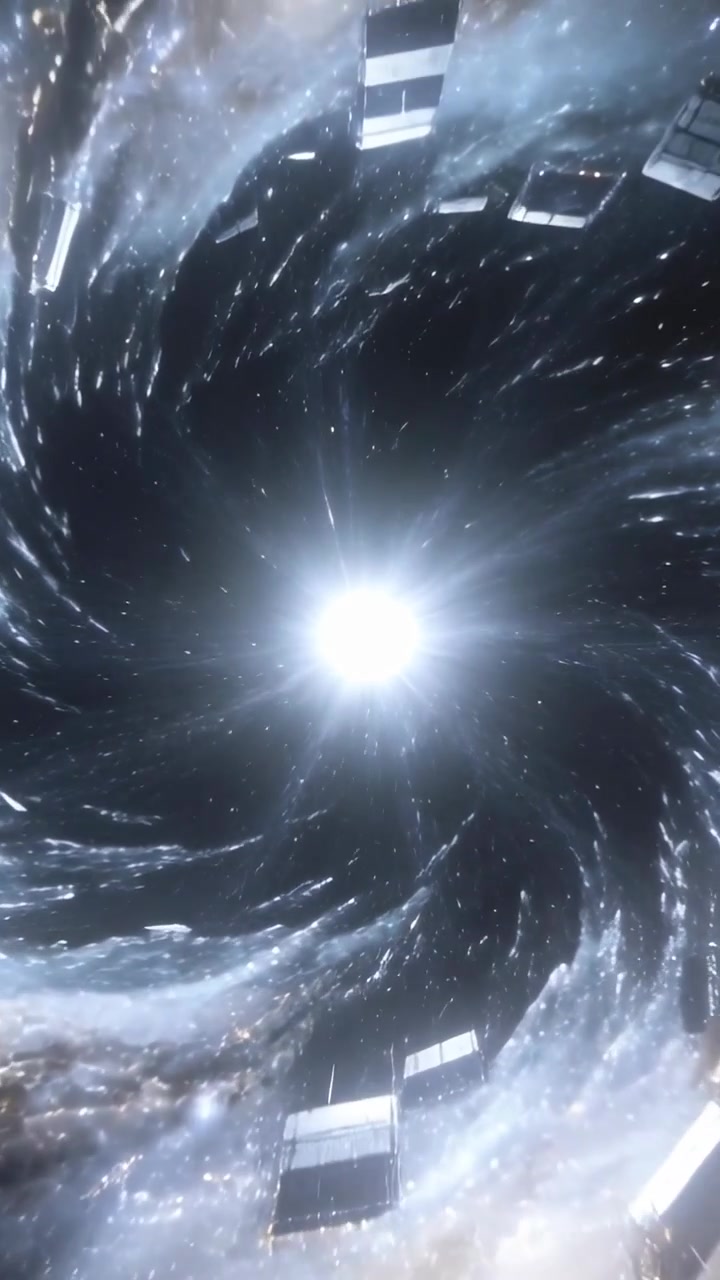 Vertical video: Intensifying core pulling metal pods inward in spiral nebula, forming bright burst