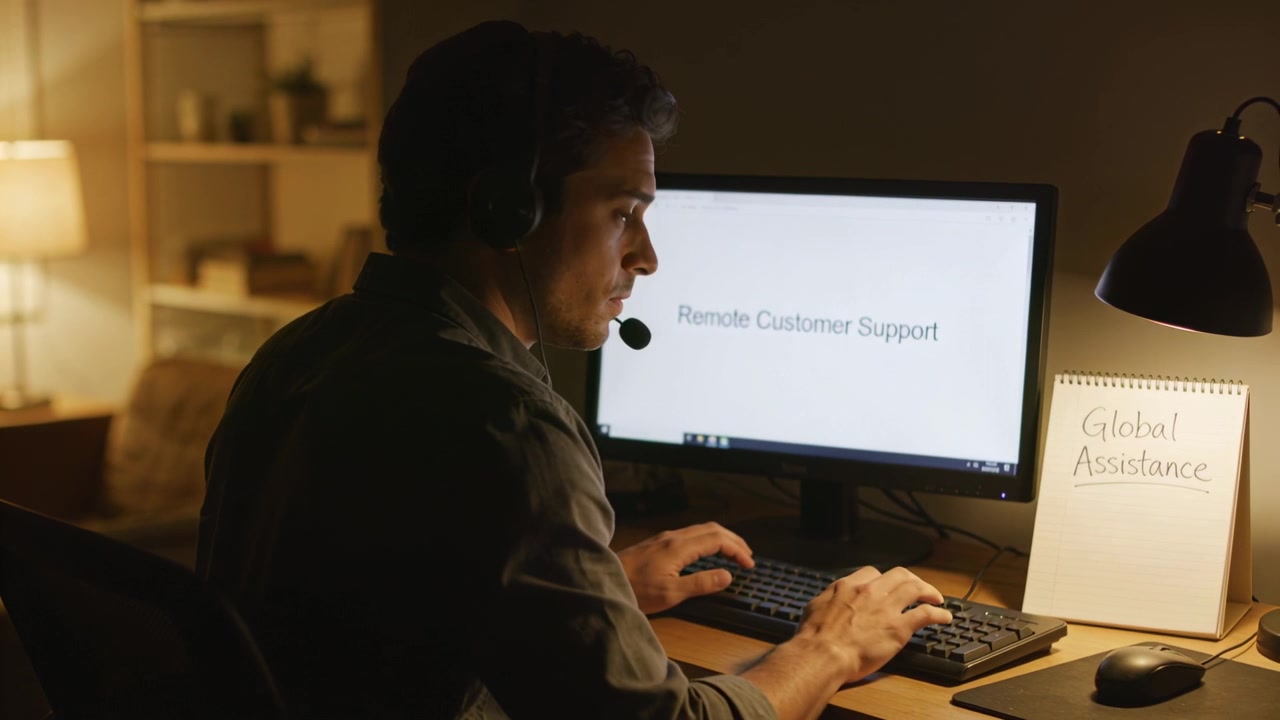 Typing agent taking incoming call at home, in dark shirt, using headset and monitor showing support
