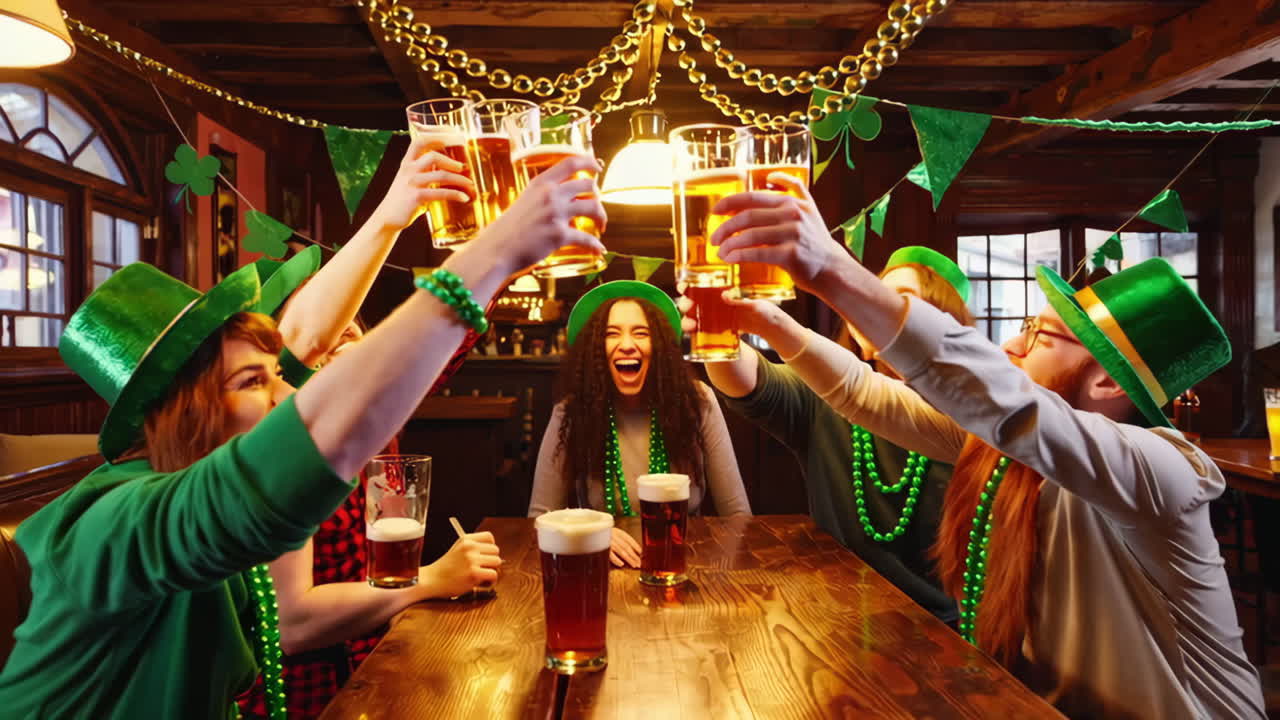 Amici che festeggiano il Giorno di San Patrizio con un brindisi di birra in un pub decorato