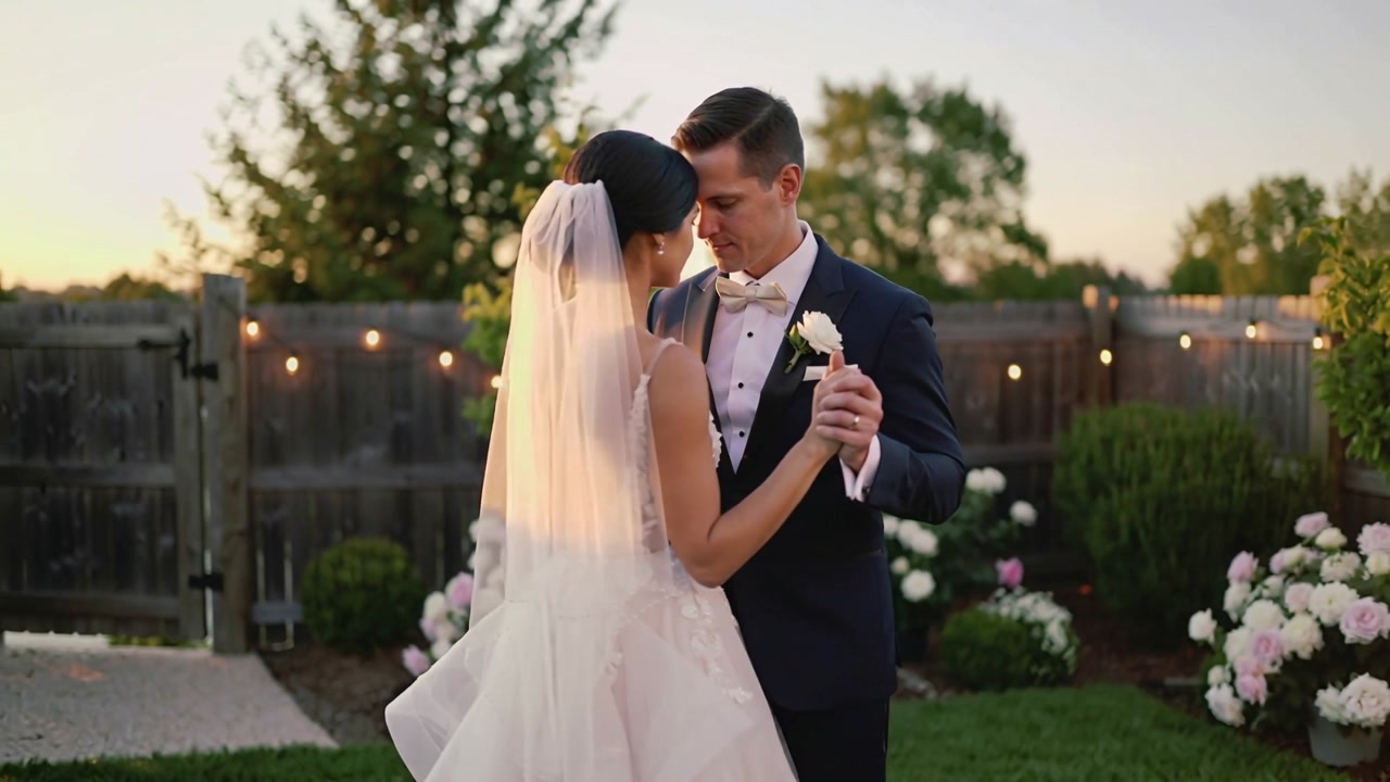 Groom guiding bride in first dance in backyard, with white gown, veil and string lights