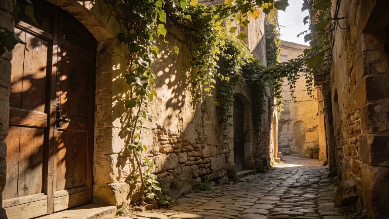 Telecamera in panoramica verso il basso in un vicolo in pietra, tag AR che tracciano la porta, i ciottoli e le viti fino a un arco illuminato dal sole per il design.