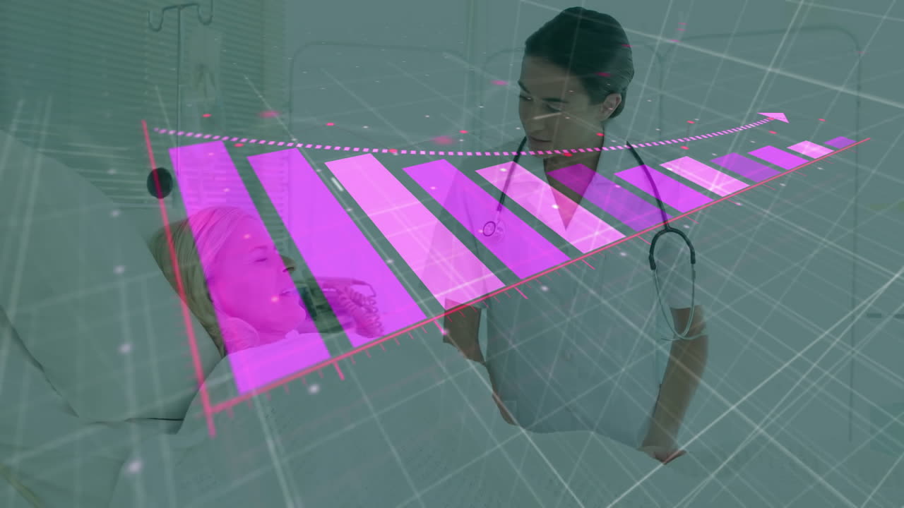 환자와 백인 여성 의사에 대한 통계 및 데이터 처리의 애니메이션