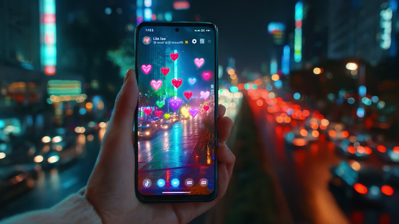 Vivace paesaggio notturno cittadino catturato attraverso lo schermo di uno smartphone con filtri a cuore colorati, che mostra luci dinamiche e vita urbana in un'entusiasmante atmosfera serale