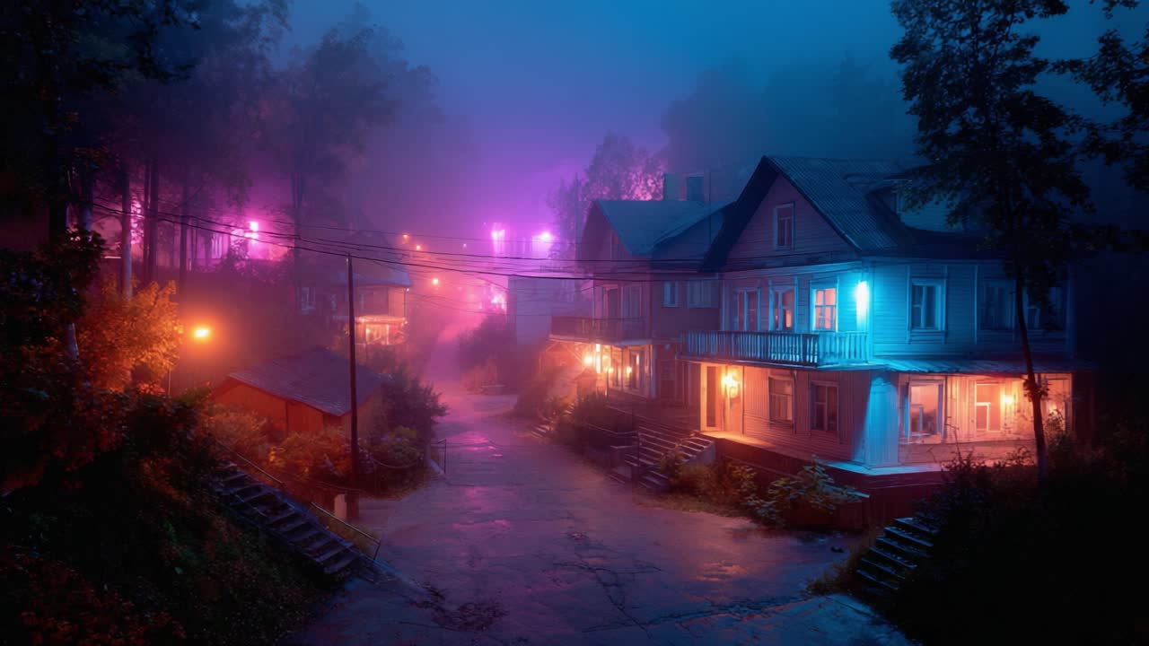 A Mystical Foggy Evening Scene Capturing Enchanting Lights in a Serene Neighborhood Surrounded by Trees, Illuminating the Tranquil Atmosphere of Dusk