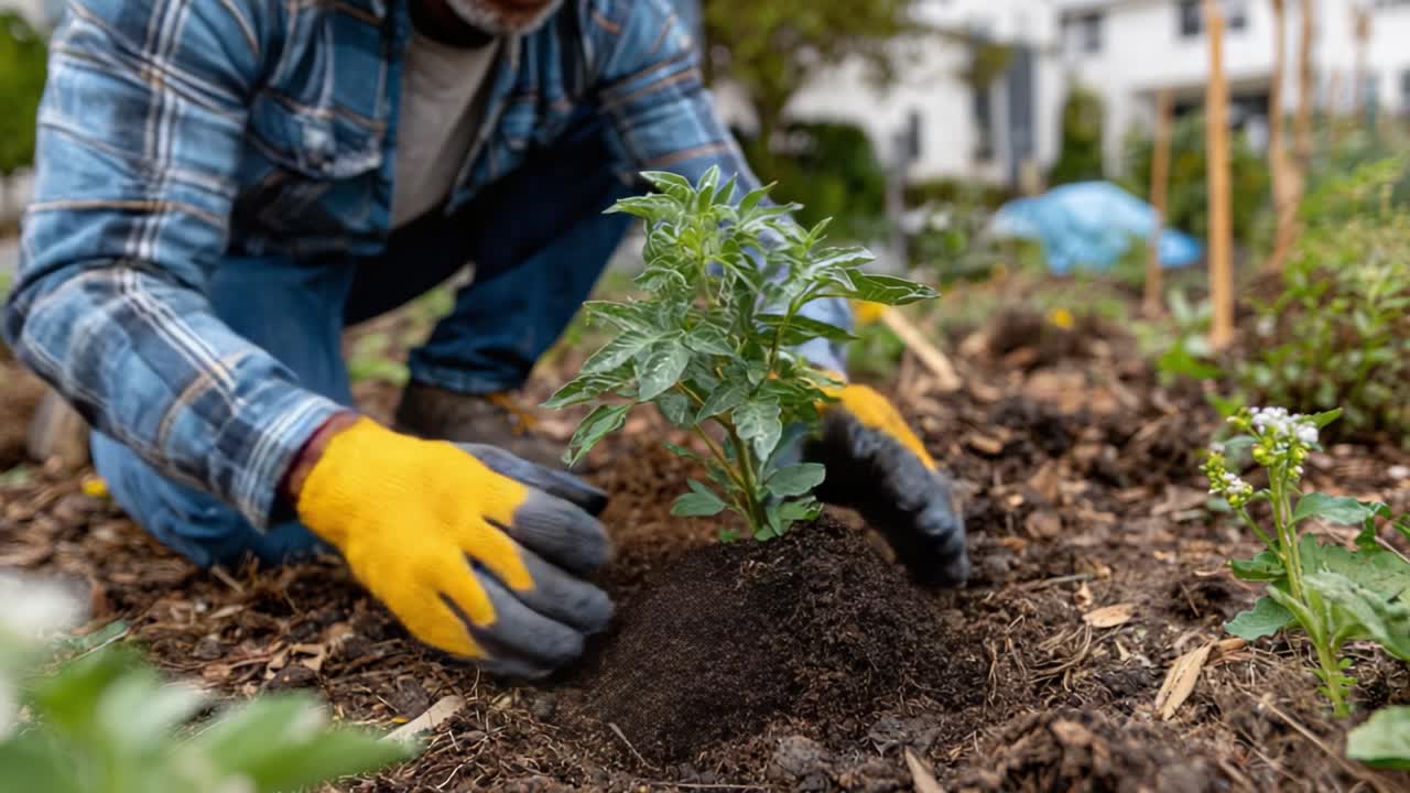 Gardener Drawing Close Attention to New Planting, Ensuring Soil is Firmly Packed Around Newly Planted Greenery for Healthy Growth in a Vibrant Garden