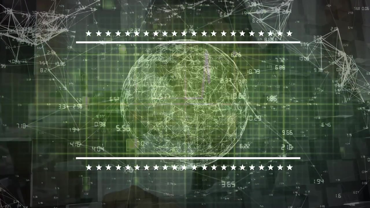 Animation of globe with connections with coordinates on green background