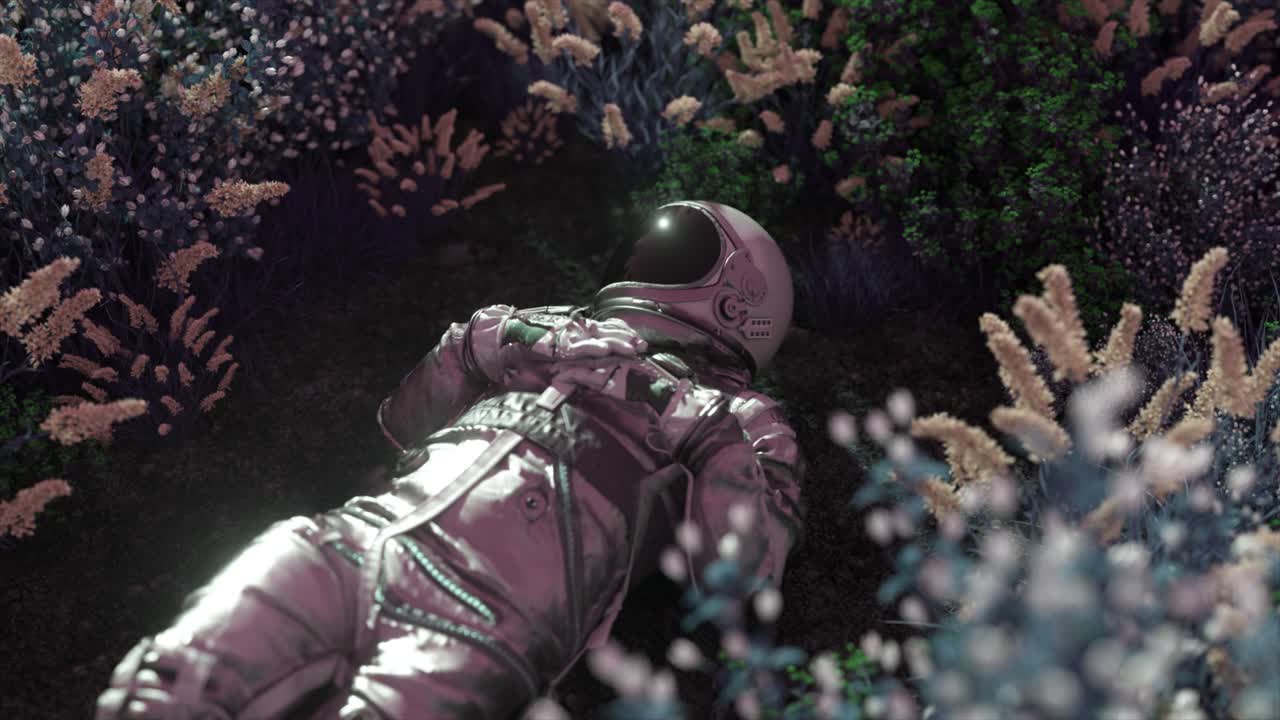 Astronaut hviler i en levende fremmed skog