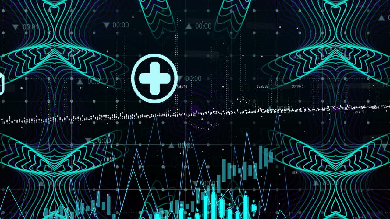Graphs and digital patterns creating medical data animation on dark background