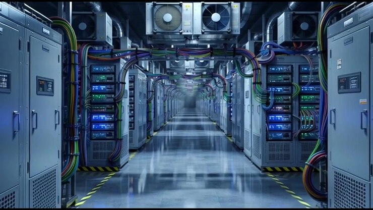 Dolly Shot Moving Through Modern Server Room Data Center