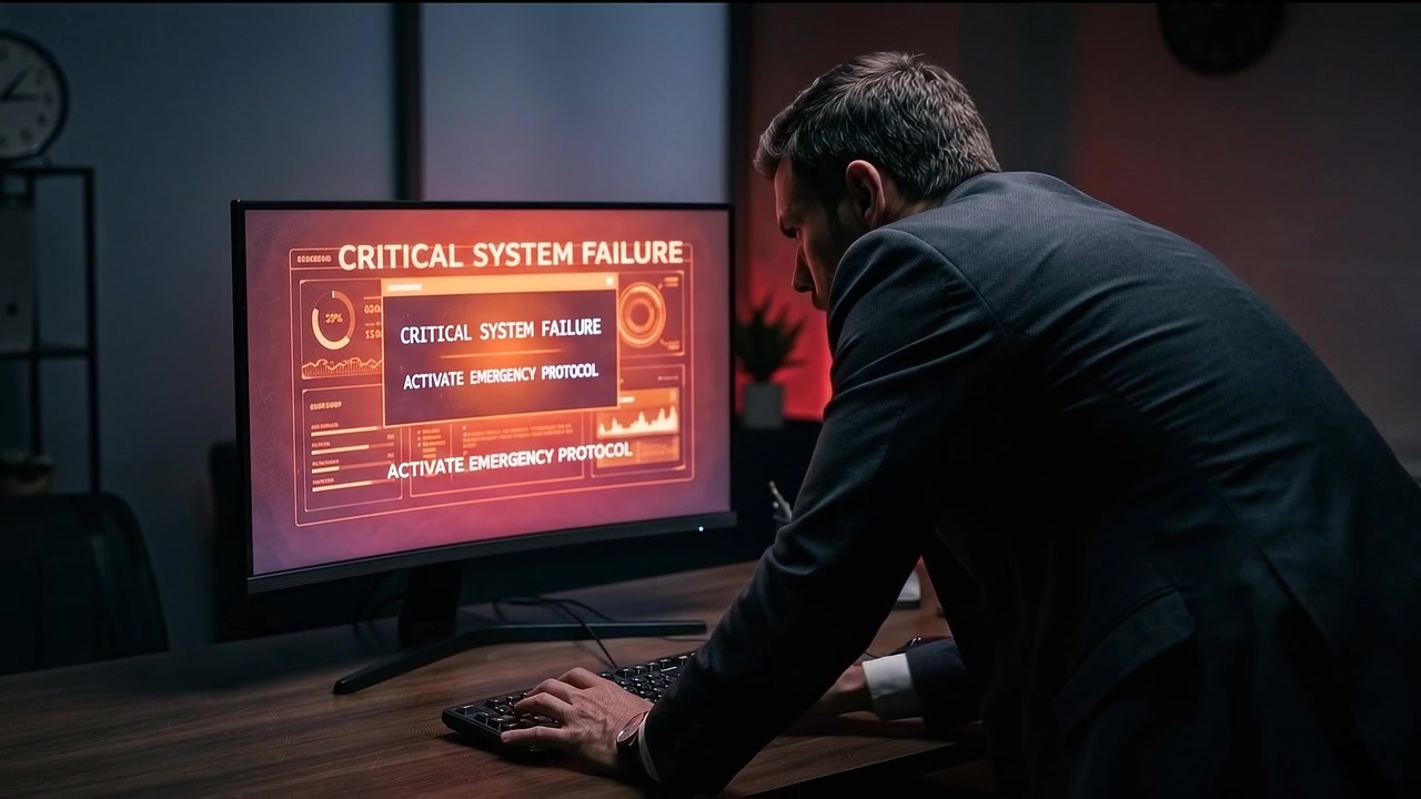 Businessman Facing Critical System Failure on Computer in Dark Office