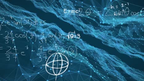 mathematical equations floating against digital wave on blue background