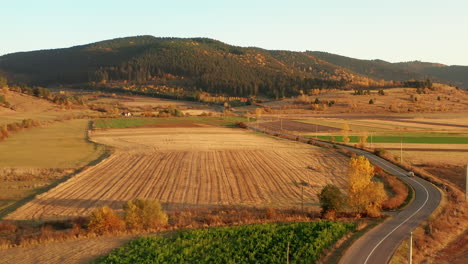 aerial view of car driving on the road along the rural fields during autumn