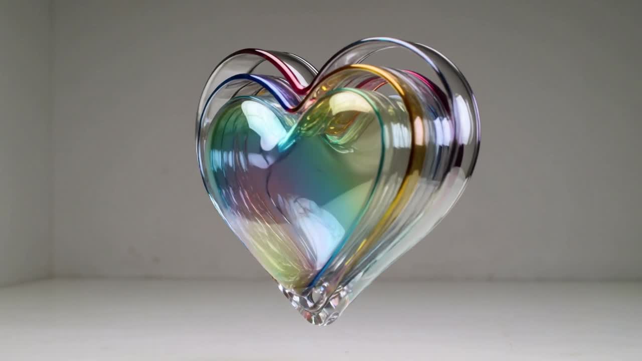 On start rotating prismatic heart object moving to front in white cubby, showcasing layered shells