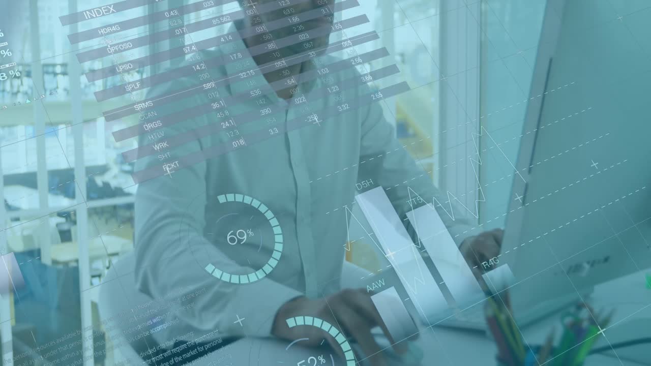 Animation of statistical data processing against caucasian man using computer at office
