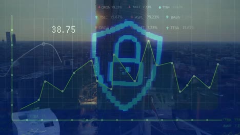 Animation-of-graphs,-padlock-in-shield-and-trading-boards,-aerial-view-of-modern-city-against-sky