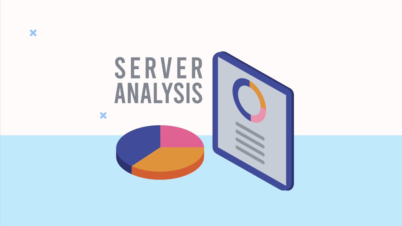 data server analysis animation with tablet and pie statistics