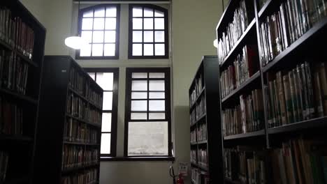 biblioteca vieja con estructura clásica, una ventana y muchos libros