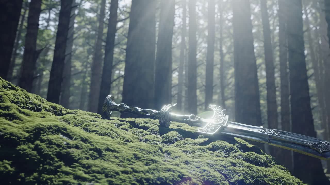 Cinematic video still of a sword on mossy ground in a forest