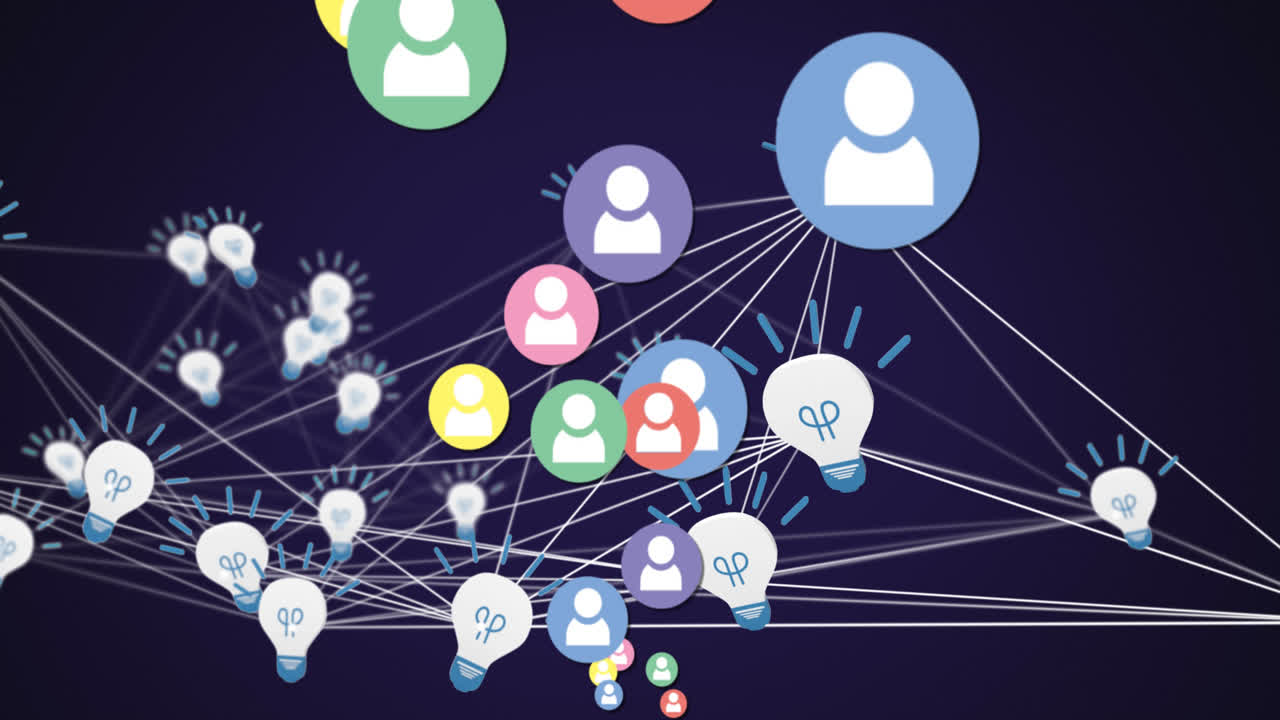 파란색 배경의 전구 아이콘 네트워크에 대해 떠다니는 여러 디지털 아이콘