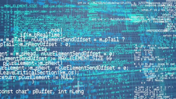 Animation af databehandling over et gitter netværk mod binær kodning på blå baggrund