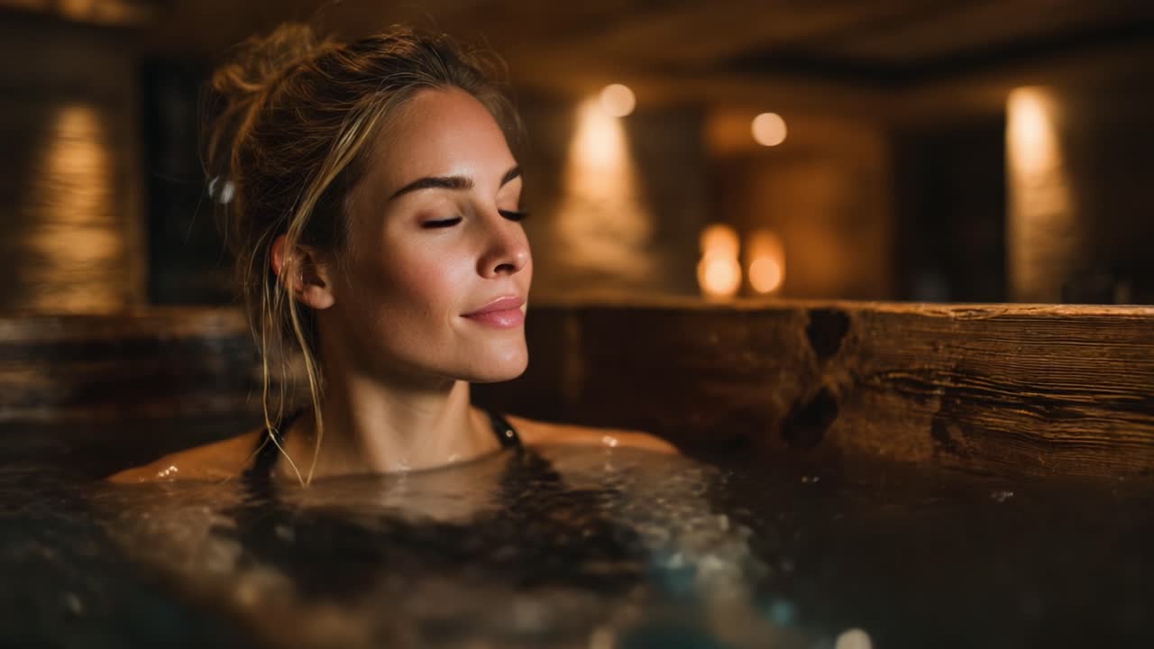 A Serene Moment of Reflection: A Woman Enjoying a Tranquil Bath in a Luxurious Setting Filled with Soft Lighting and Relaxing Atmosphere