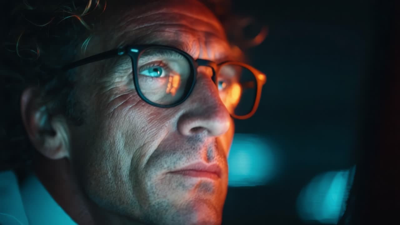 A Thoughtful Man Gazes Intently into the Future, Illuminated by the Warm Glow of a Screen, Reflecting Deep Contemplation and Introspection in a Dim Environment