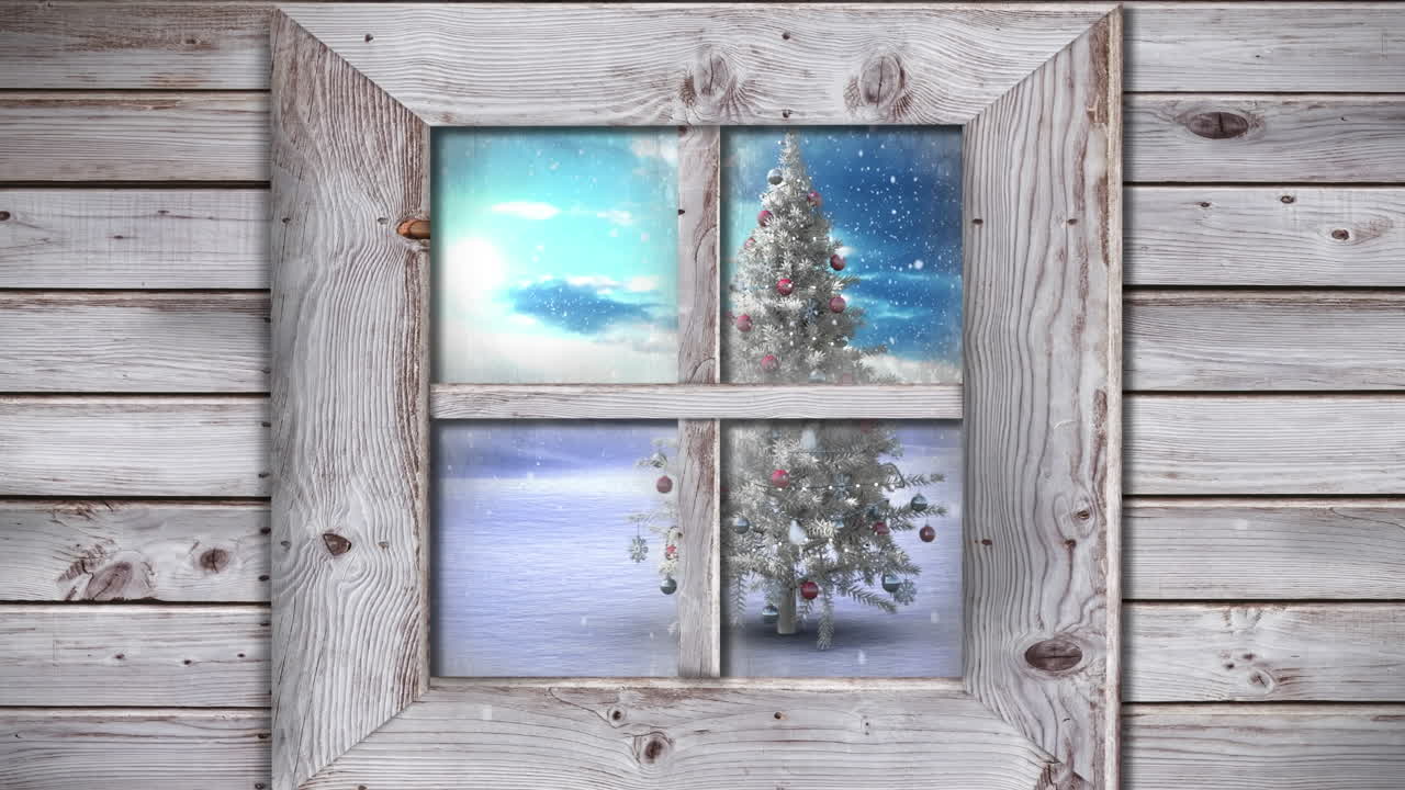 Wooden window frame against snow falling over christmas tree on winter landscape