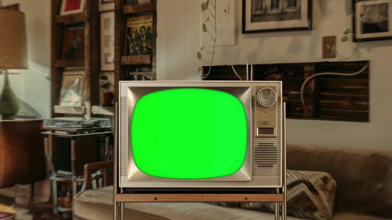 Primo piano di una TV retrò con schermo verde in un accogliente soggiorno