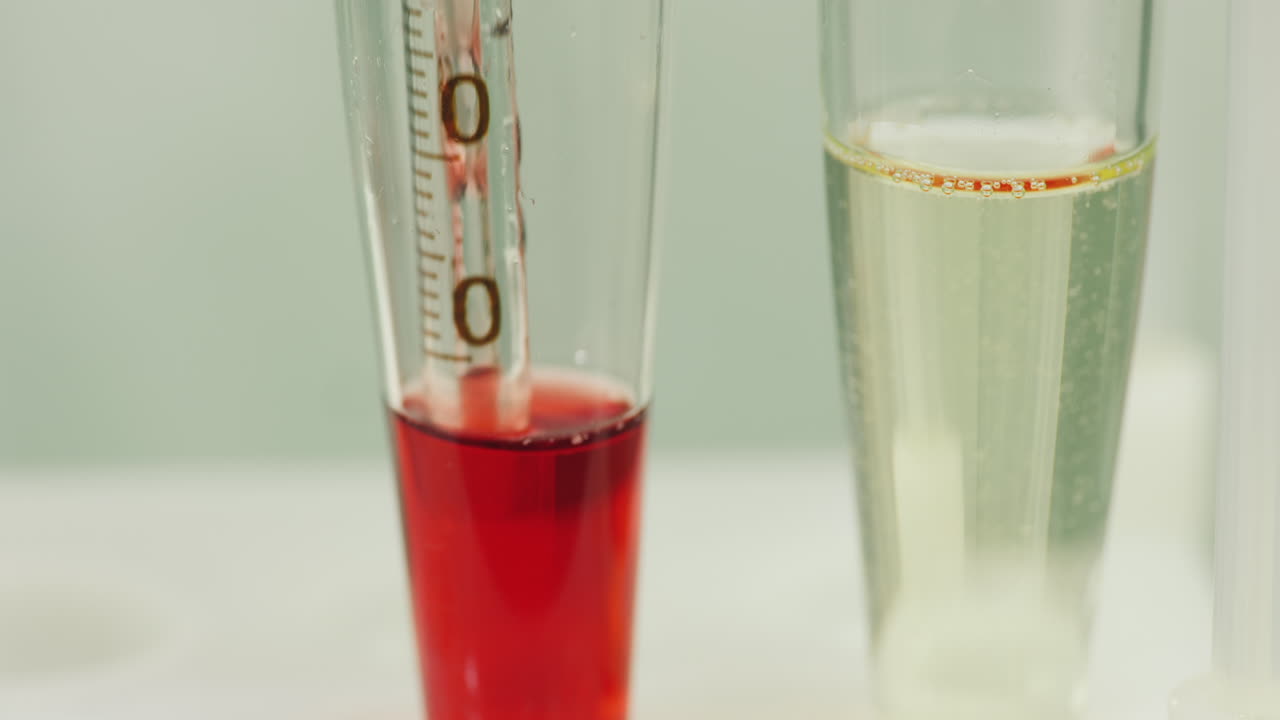 기술자가 시험관 8에 피를 떨어뜨립니다.