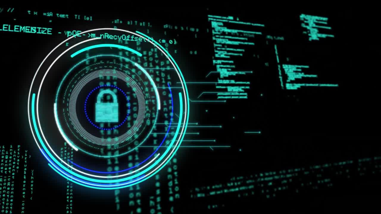 animación del alcance circular y el icono del candado con información detrás en negro