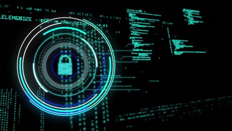 animation of circular scope and padlock icon with information behind on black