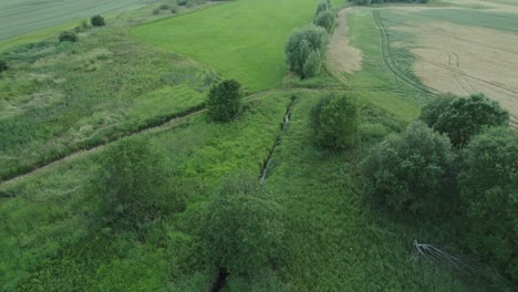 Aerial-drone-view-of-green-plain-with-trees,-fields-and-stream-in-summer-in-Czech-republic