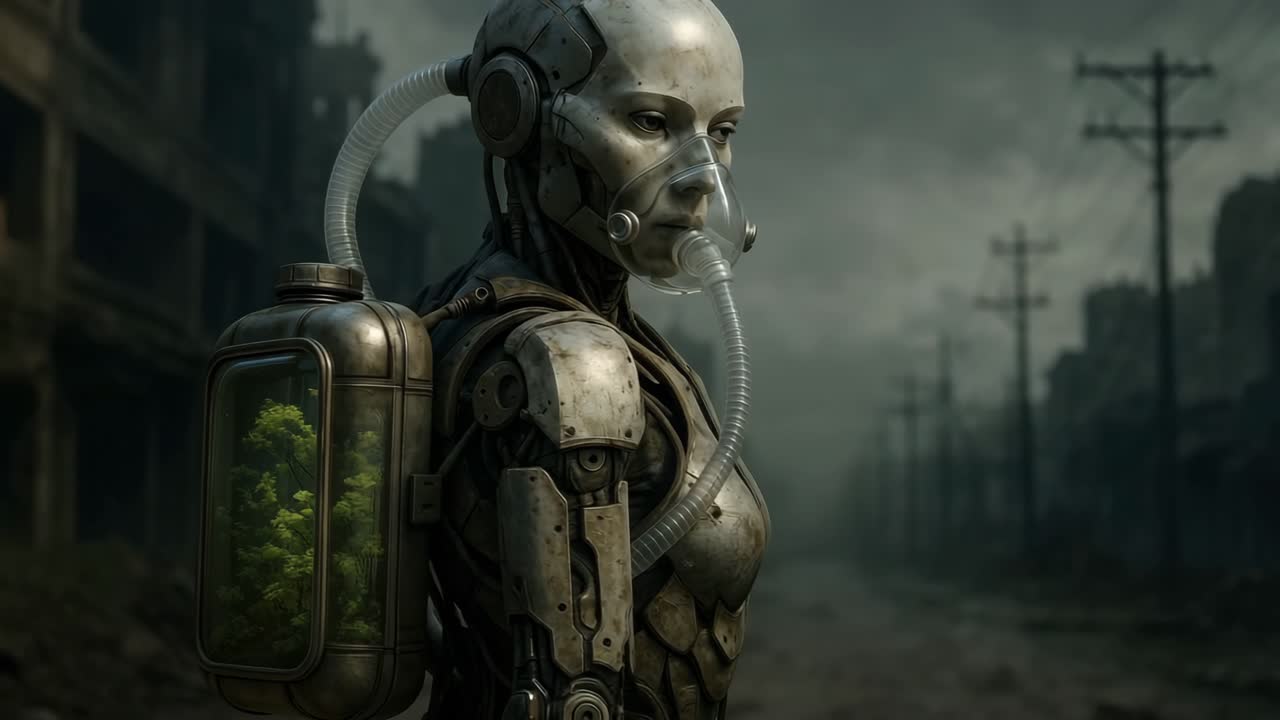 A dystopian video scene with a side view of a humanoid robot carrying a plant-filled tank