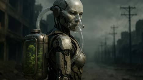 A dystopian video scene with a side view of a humanoid robot carrying a plant-filled tank