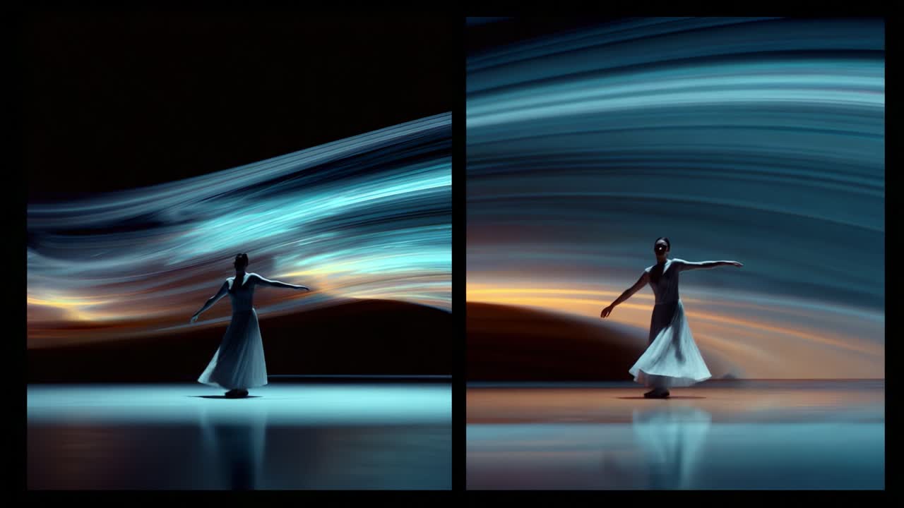 A Graceful Dancer in Motion Amidst Ethereal Swirls of Light Captured in a Stunning Video Transition From First to Last Frame Showcasing Elegance and Dynamic Movement