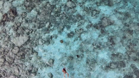 Top-View-Of-A-Sexy-Woman-In-Bikini-Swimming-In-Lagoon-With-Crystal-Clear-Water-In-Bali,-Indonesia