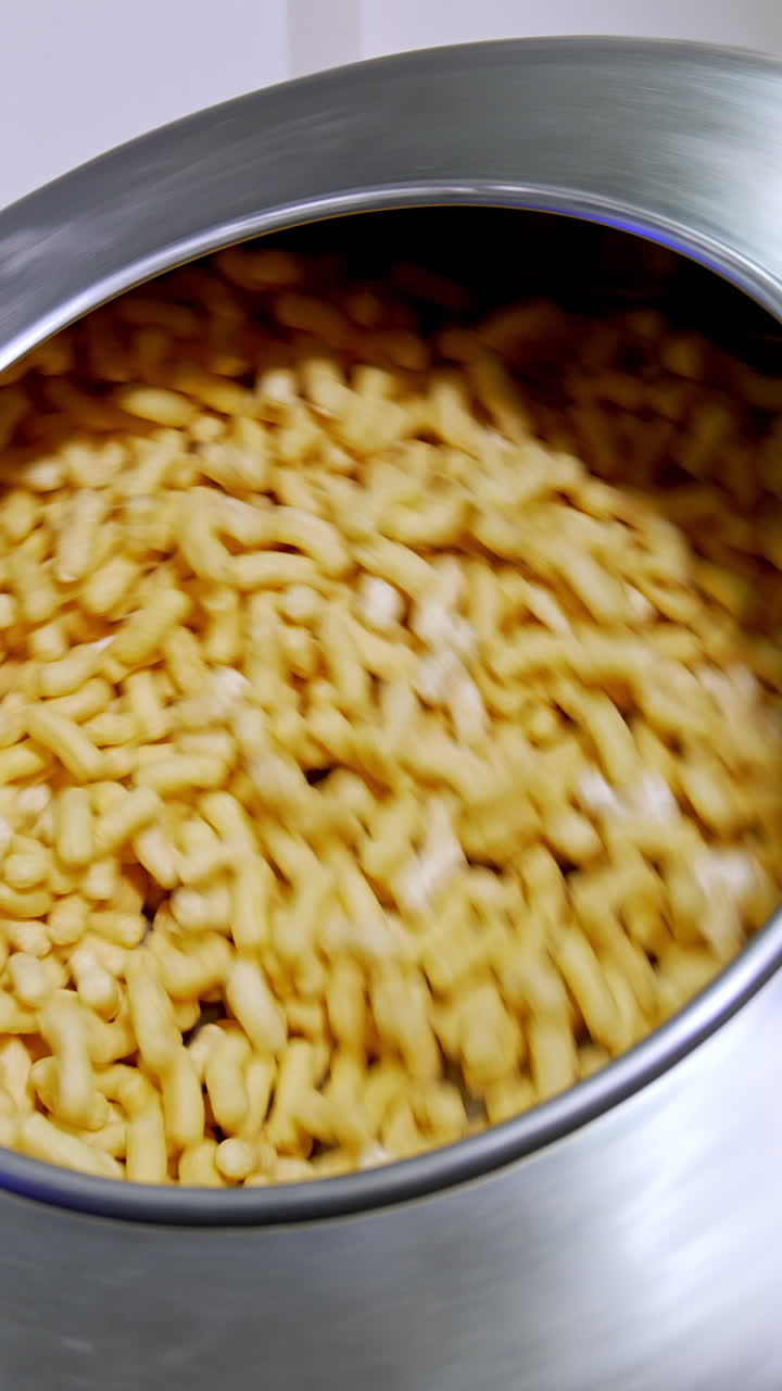 Metal tank rotating and mixing the corn snacks inside. Thick maize sticks are covered with sugar glazing. Food factory production. Vertical video