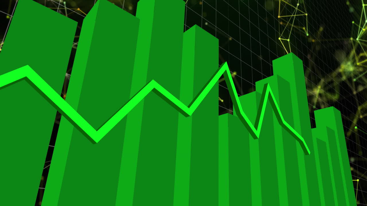 Green graphs moving against network of connections on black background ...