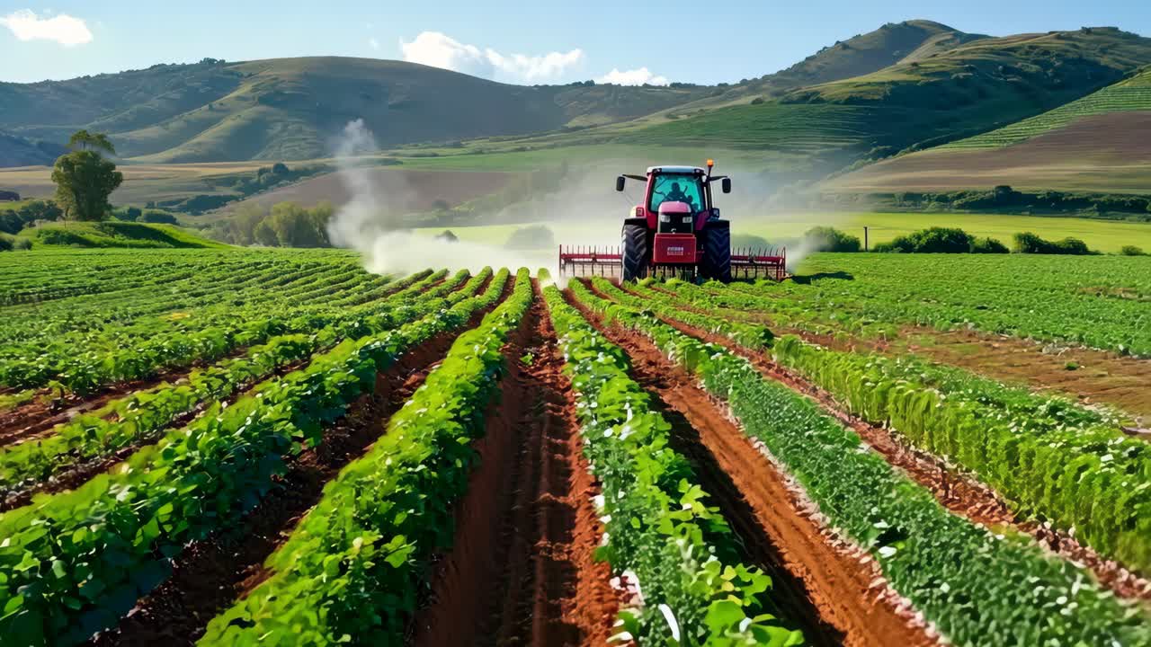 un tractor arando un campo de plantas verdes con montañas en el fondo