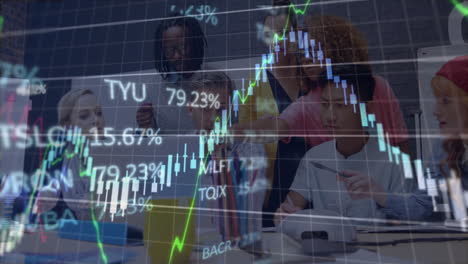 animation of financial data processing over diverse business people using laptop