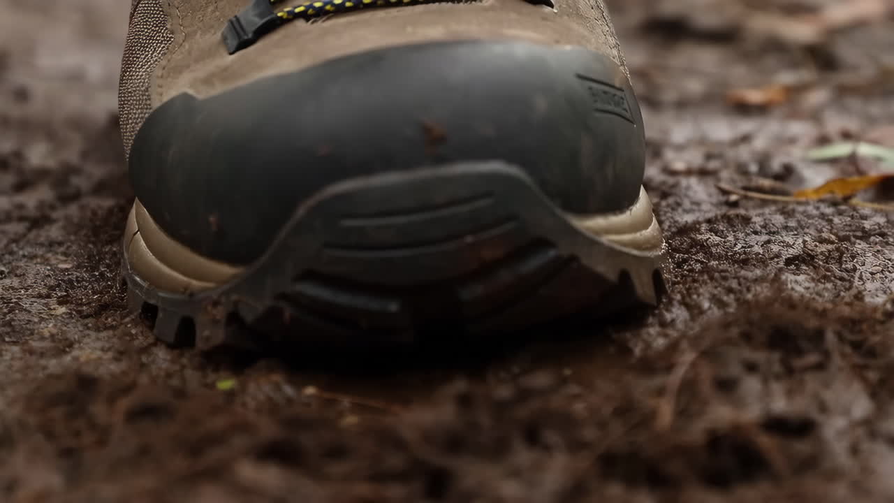 Sepatu bot hiking menginjak lumpur di jalur