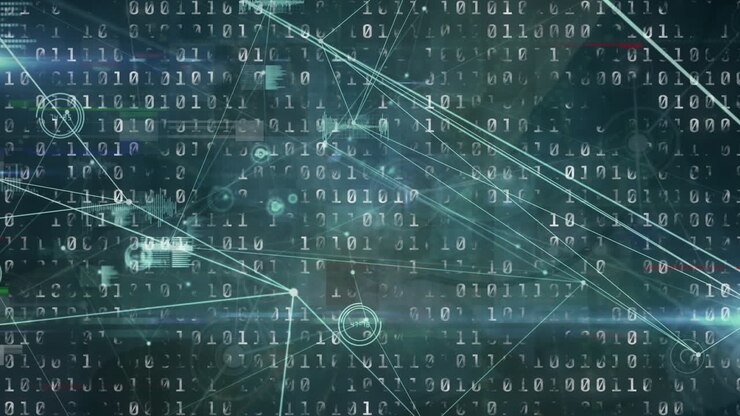Animation of glitch effect over network of connections and binary coding against blue background