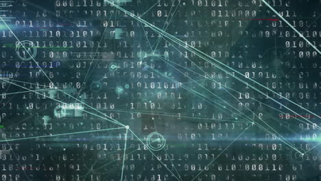 Animation of glitch effect over network of connections and binary coding against blue background