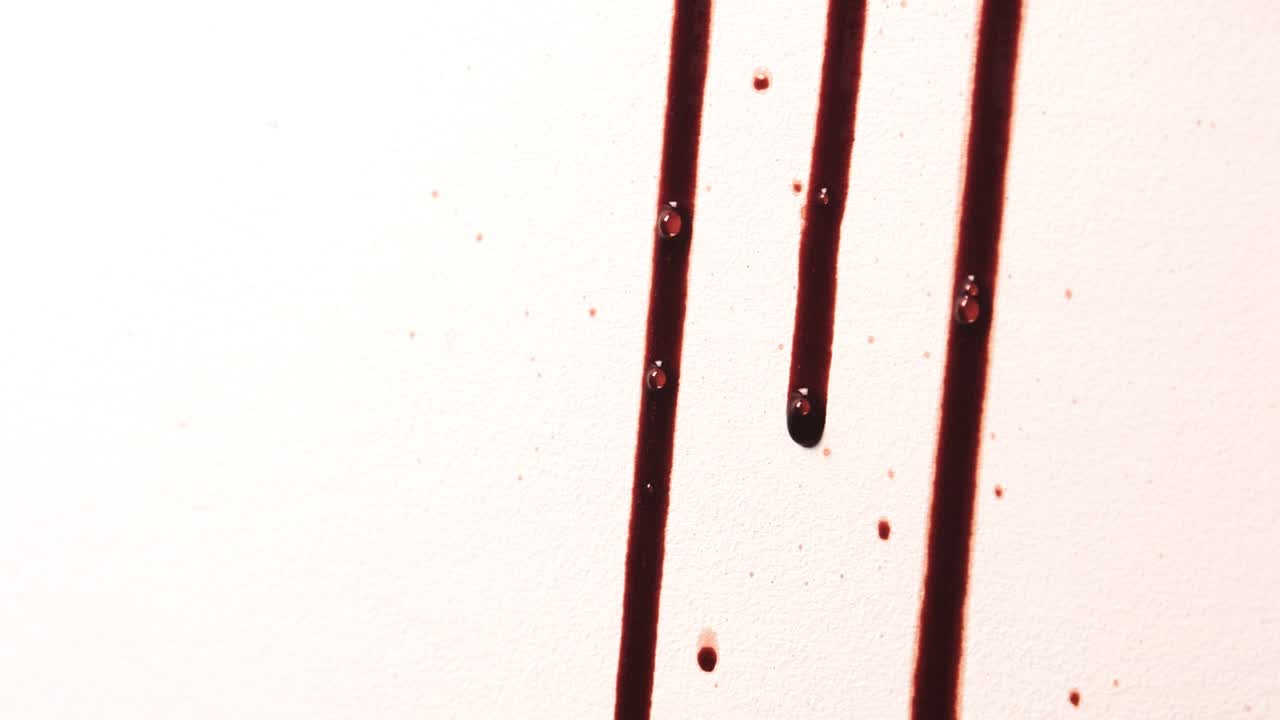 3 Streams of Red Fake Blood on White Wall. Spatter Dripping. Realistic Slime Texture for Horror. Violent Crime Scene Halloween Spooky Background