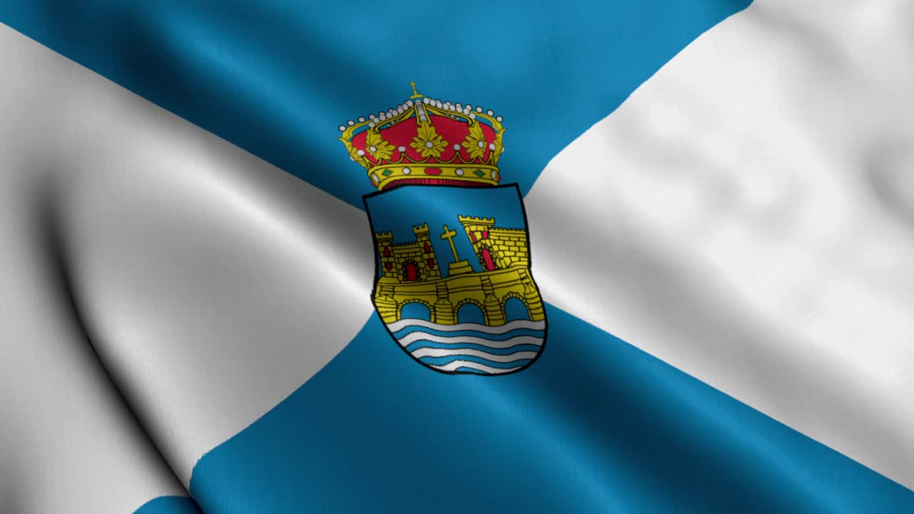 Video 4K di una bandiera della città di Pontevedra che sventola a Pontevedra, in Spagna, con un design bianco e blu e lo stemma ufficiale che svolazza leggermente nel vento per progetti di viaggi culturali