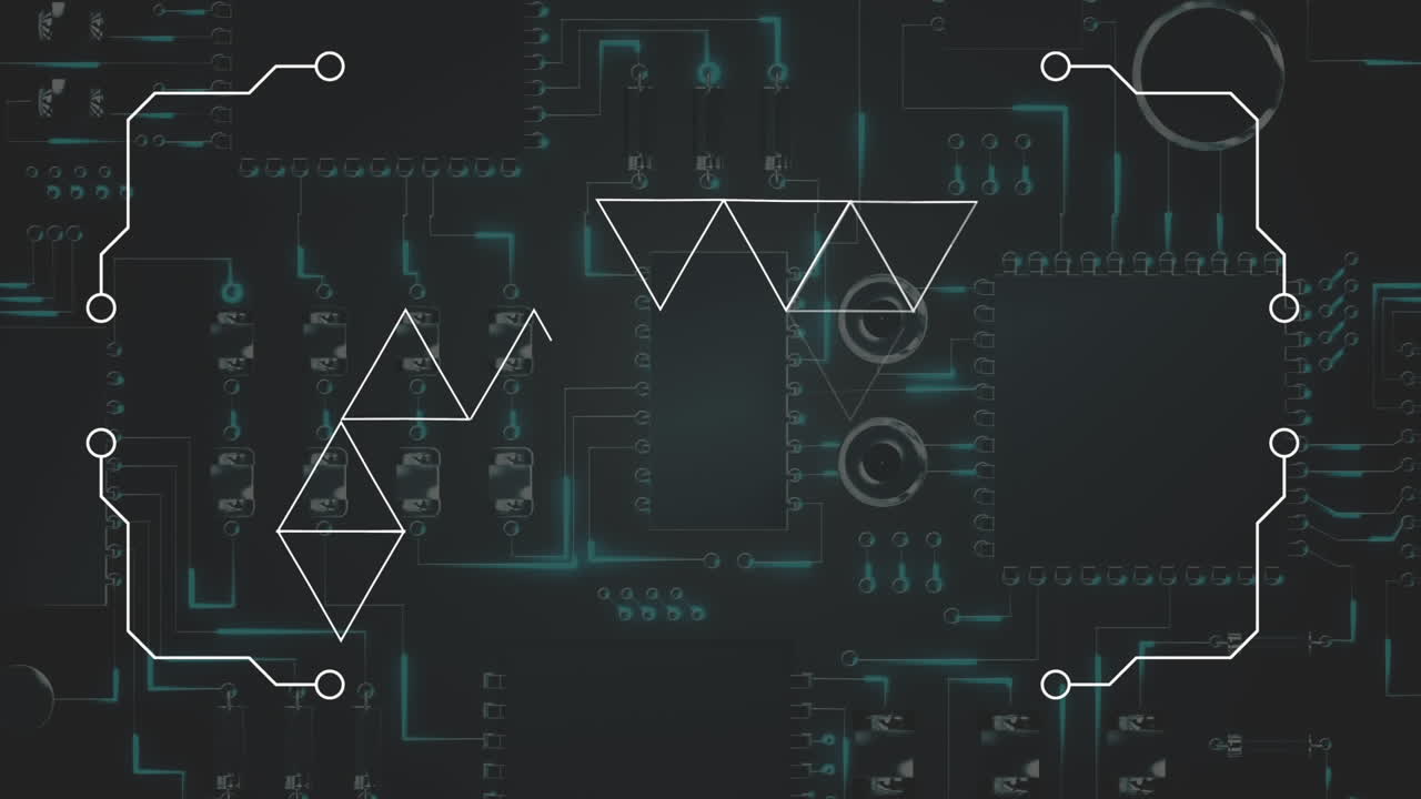 triángulos digitales que se mueven contra un fondo de placa de circuito impreso