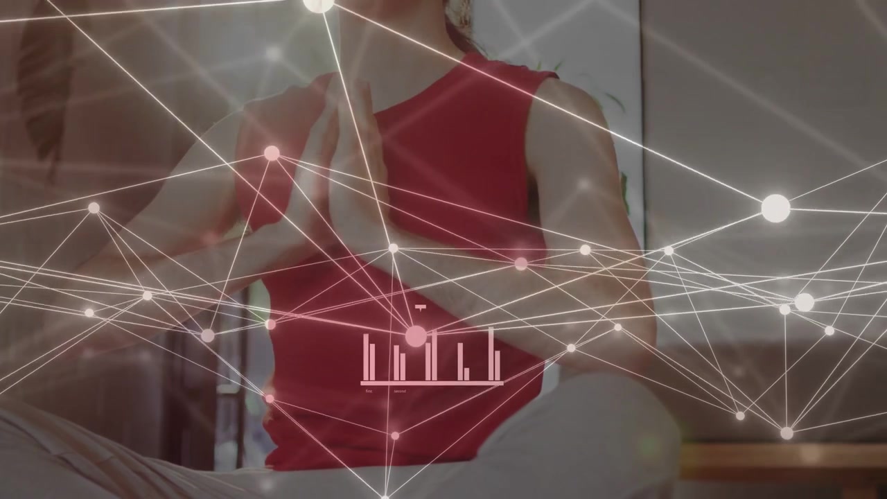 Woman sitting legs crossed in home, overlay moving across causing palms opening showing tech nodes