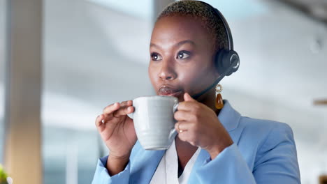 telemarketing, coffee and black woman in call