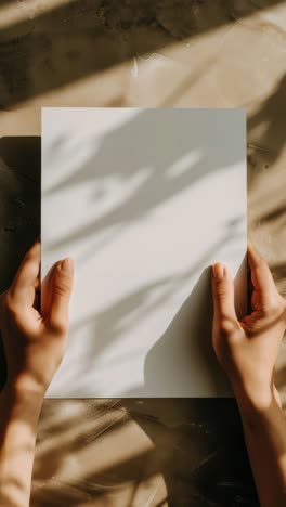 aerial view of hands holding a blank paper, casting shadows on a textured surface